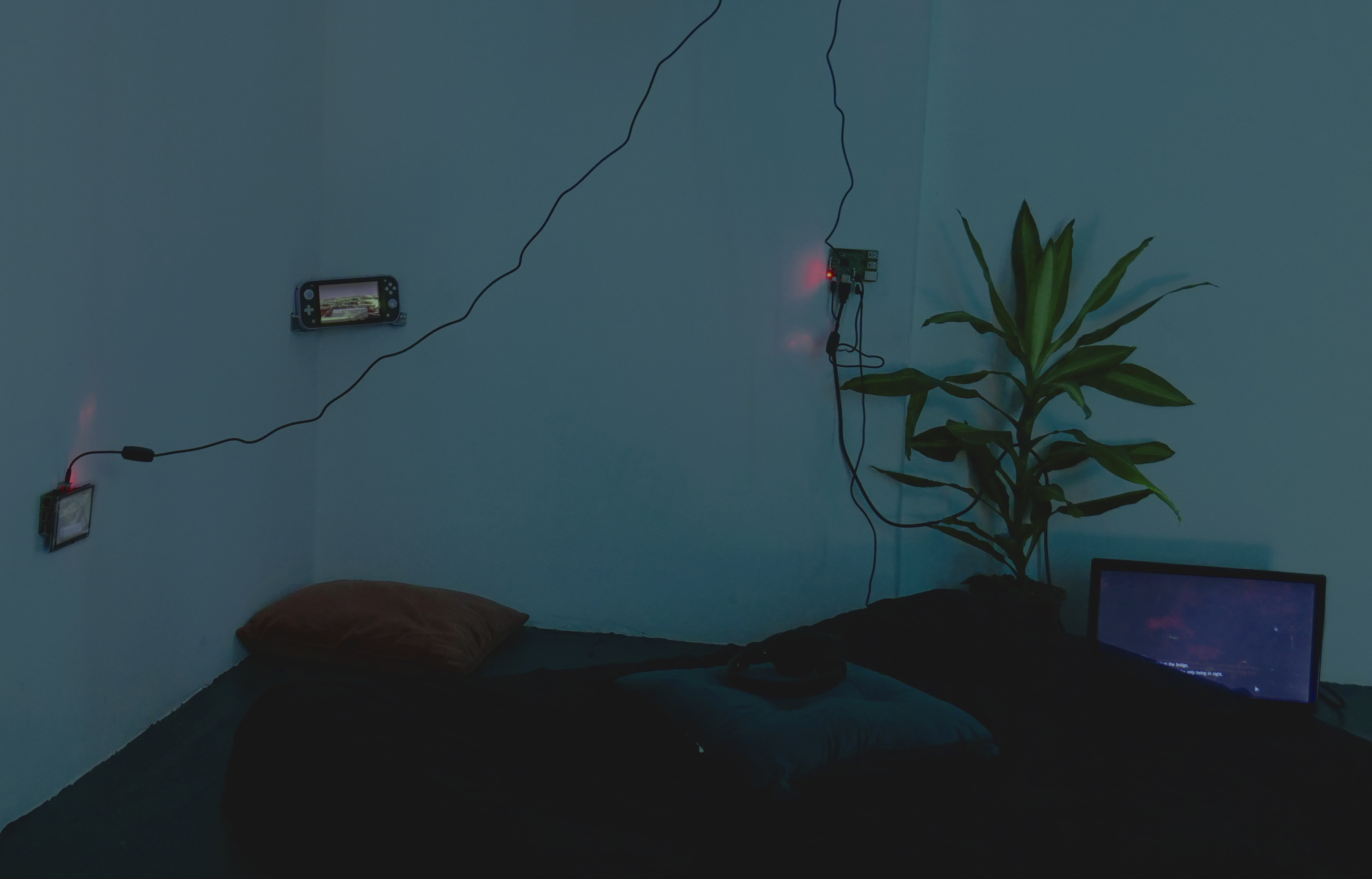 Dark gallery room corner with pillows on the floot and a plant on the right side. There is one screen on the left side, with a cable coming out of it; a nintendo switch on a shelf in the corner between the two walls, and a monitor on the floor on the right side, next to the plant.