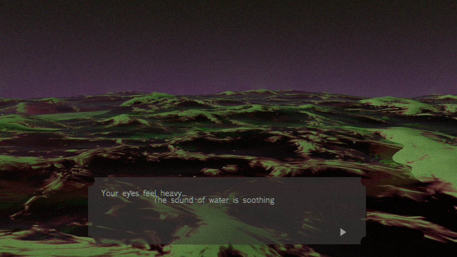 3D rendering of a sea in the horizon, in shades of purple, under a purple sky with green reflections